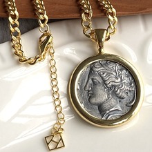 月亮女神古币项链镀18k金古希腊人像钱币吊坠男女个性复古520礼物