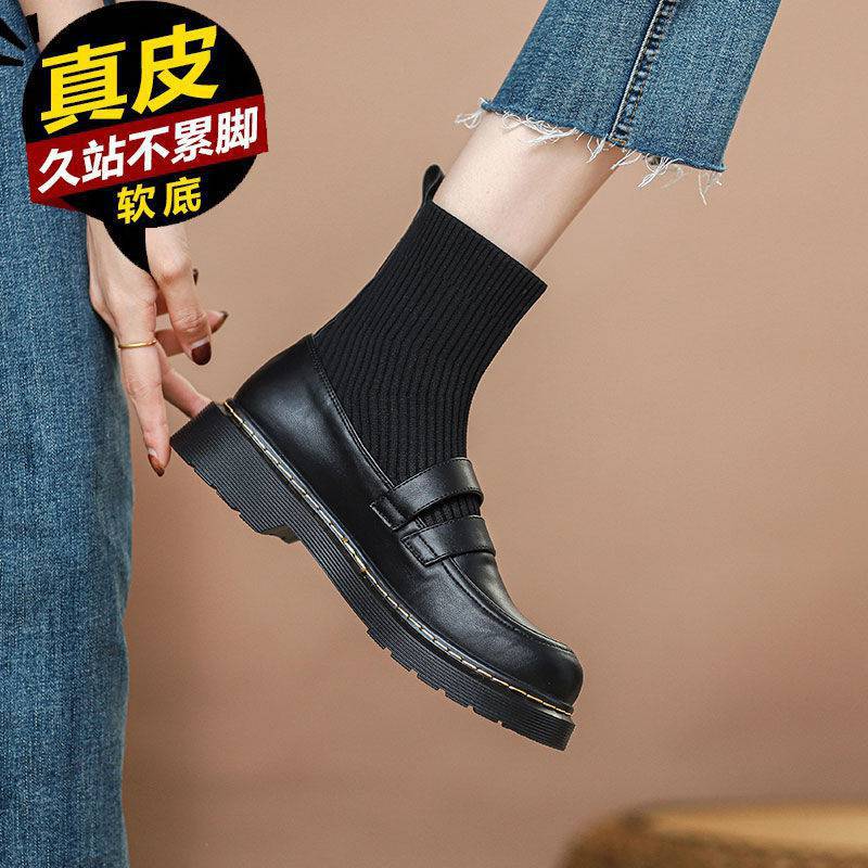 真皮连袜靴女2021秋冬新款jk制服小皮鞋女学院风日系平底学生单鞋