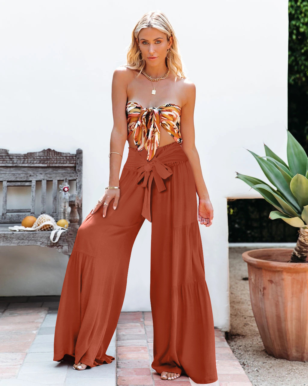 Summer Cross-Border New Hot Sale European and American Women's Clothing Fashion Temperament Bandage Elastic Waist Pleated Wide-Leg Pants Casual