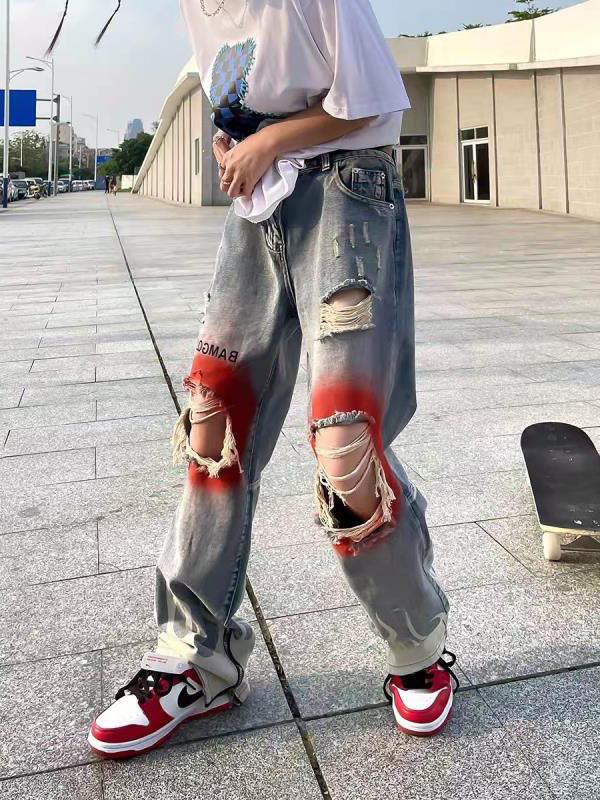 美式高街复古破洞嘻哈阔腿牛仔裤男女款高腰做旧街头直筒拖地裤潮