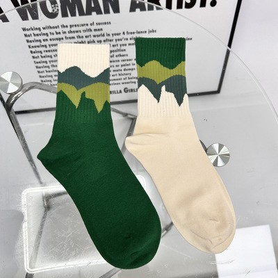 Xiaohongshu Popular Socks Women's Mountain and Sea Socks Pattern Japanese Style Mid-Calf Length Socks Men's Ins Trendy Good Quality Wholesale Socks