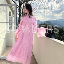 气质粉色蕾丝连衣裙2024春季新款法式钉珠真丝长裙仙