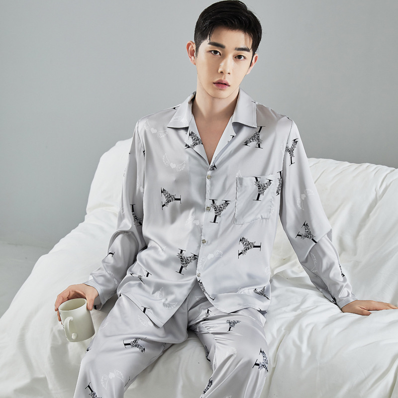 睡衣男士春秋丝绸夏季家居服长袖冰丝字母欧美风2024新款套装直播