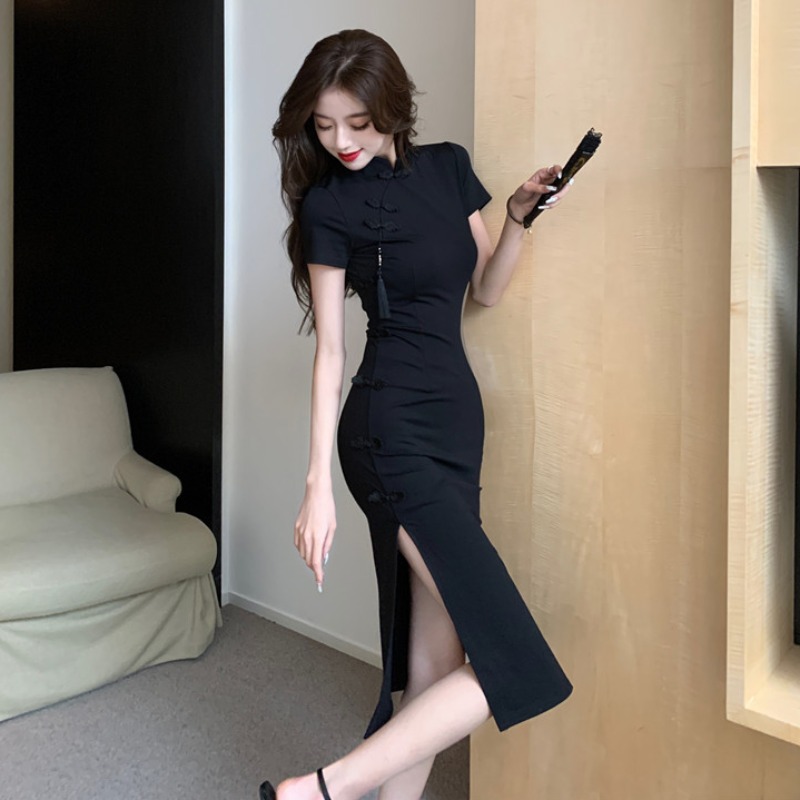 Chinese Style Retro Buckle Cheongsam Dress Women's Summer High-Grade Elegant Little Black Dress Waist Slimming Sheath Dress