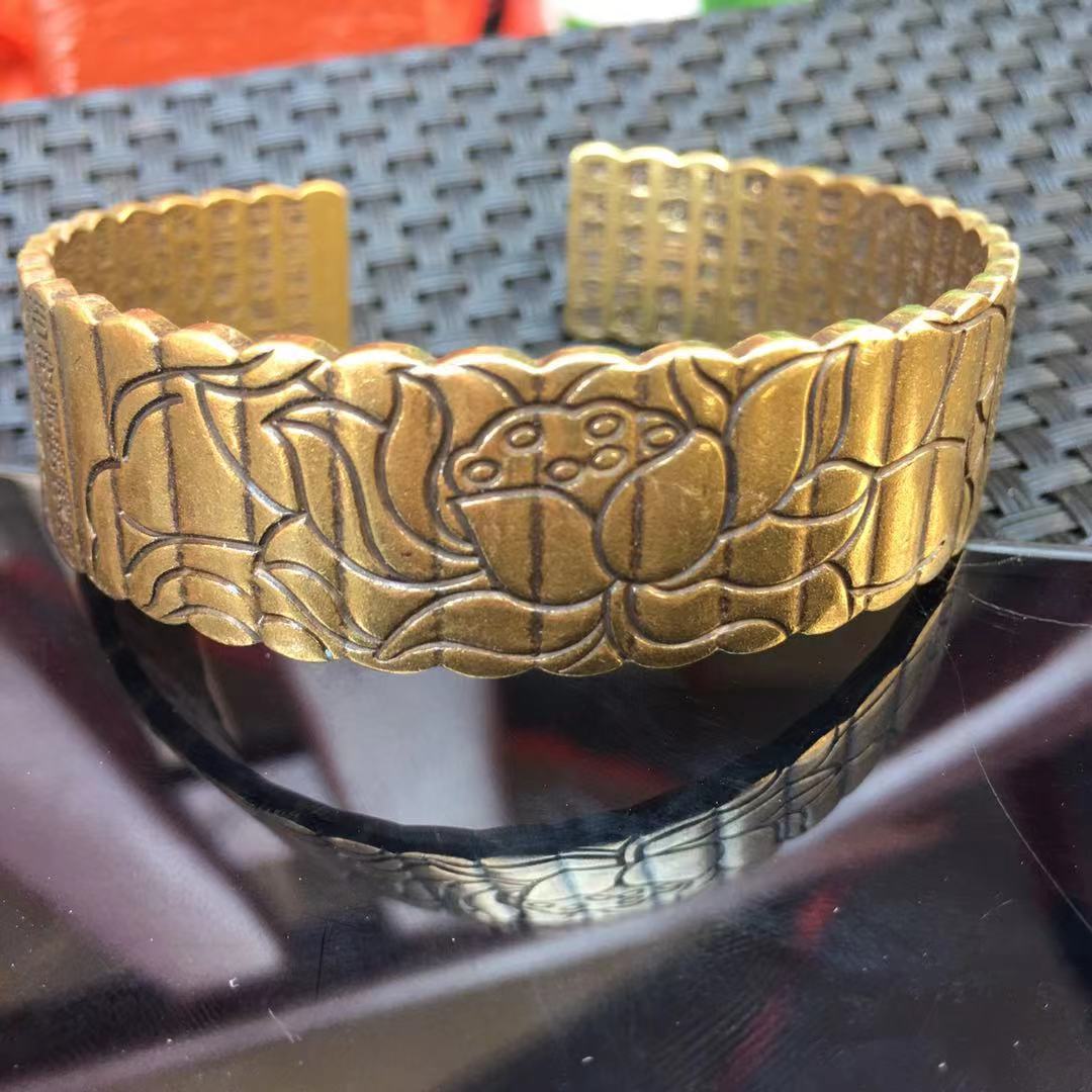 藏银宽条活口莲花民族风手镯 苗银藏式福字时尚手镯 藏银吉祥手镯