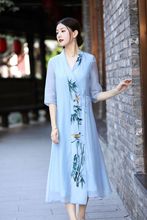中式汉服服装2021夏季收腰复古中国风刺绣裹身裙系带款气质连衣裙