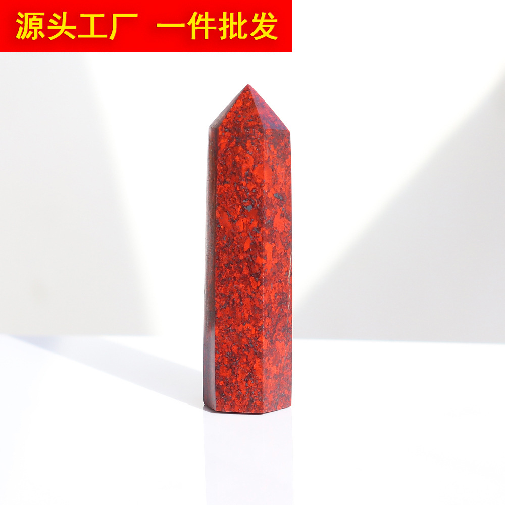 东海天然水晶鸡血石红血石六棱单尖柱办公摆件创意跨境批发
