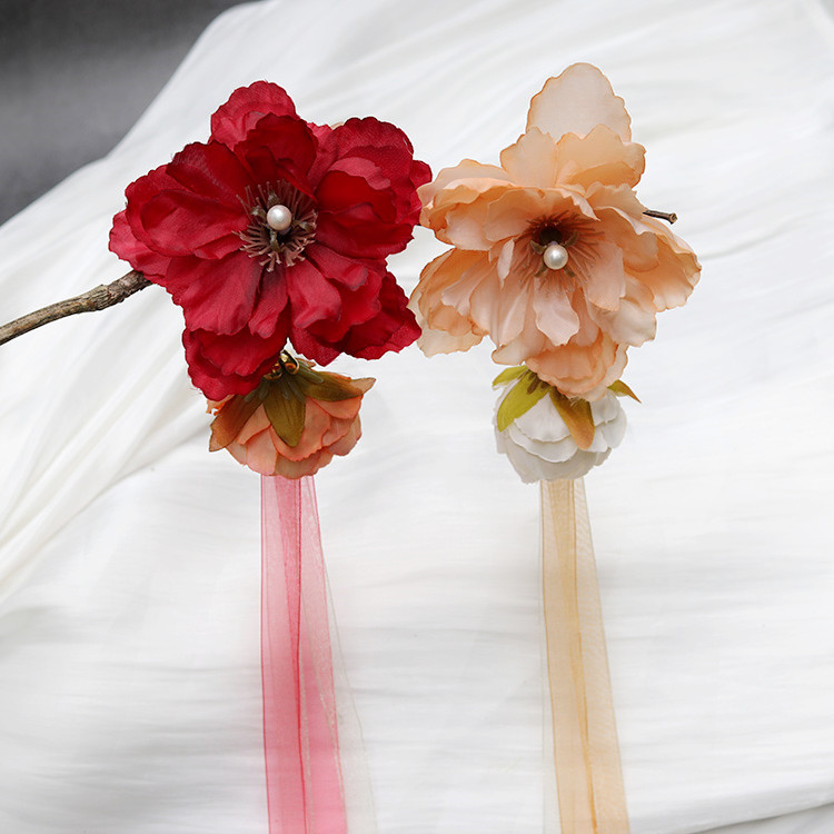 汉服发饰古风唐风绢花雪纱飘带流苏发夹132绢纱花簪唐宫夜宴丝带