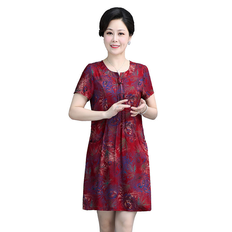 奶奶夏装纯棉连衣裙中老年女装60岁70妈妈中长款老人棉绸短袖裙子
