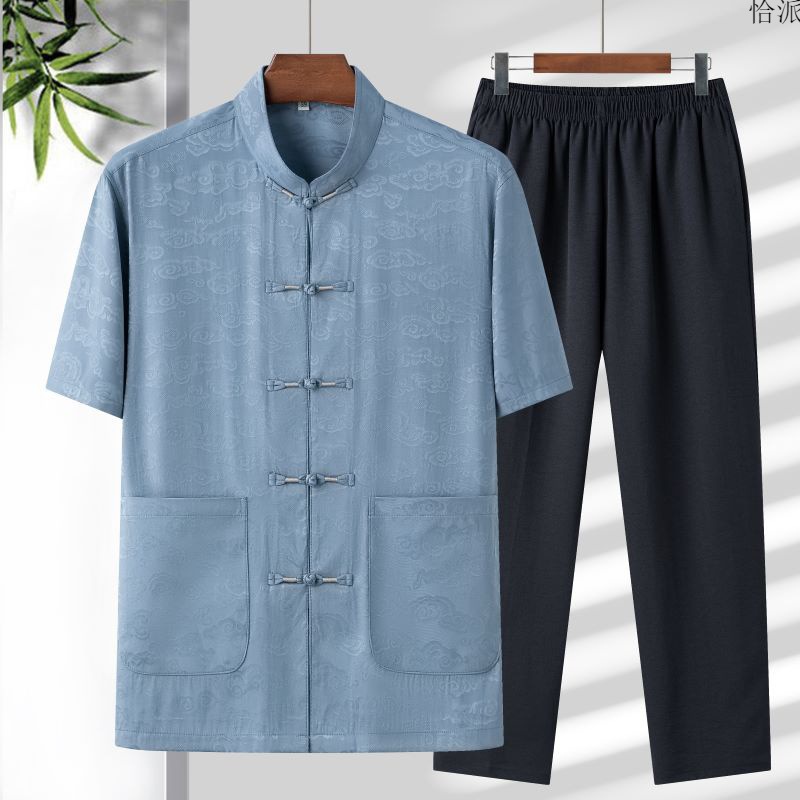 唐装男棉麻短袖套装夏季中老年爷爷汉服爸爸中国风男装老年人衣服