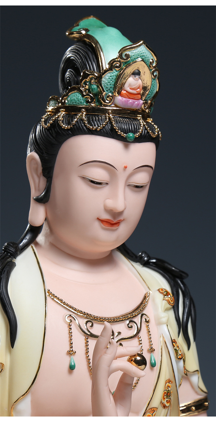 德化陶瓷16吋坐荷海浪持珠观音佛像供奉家用观世音菩萨收藏品摆件