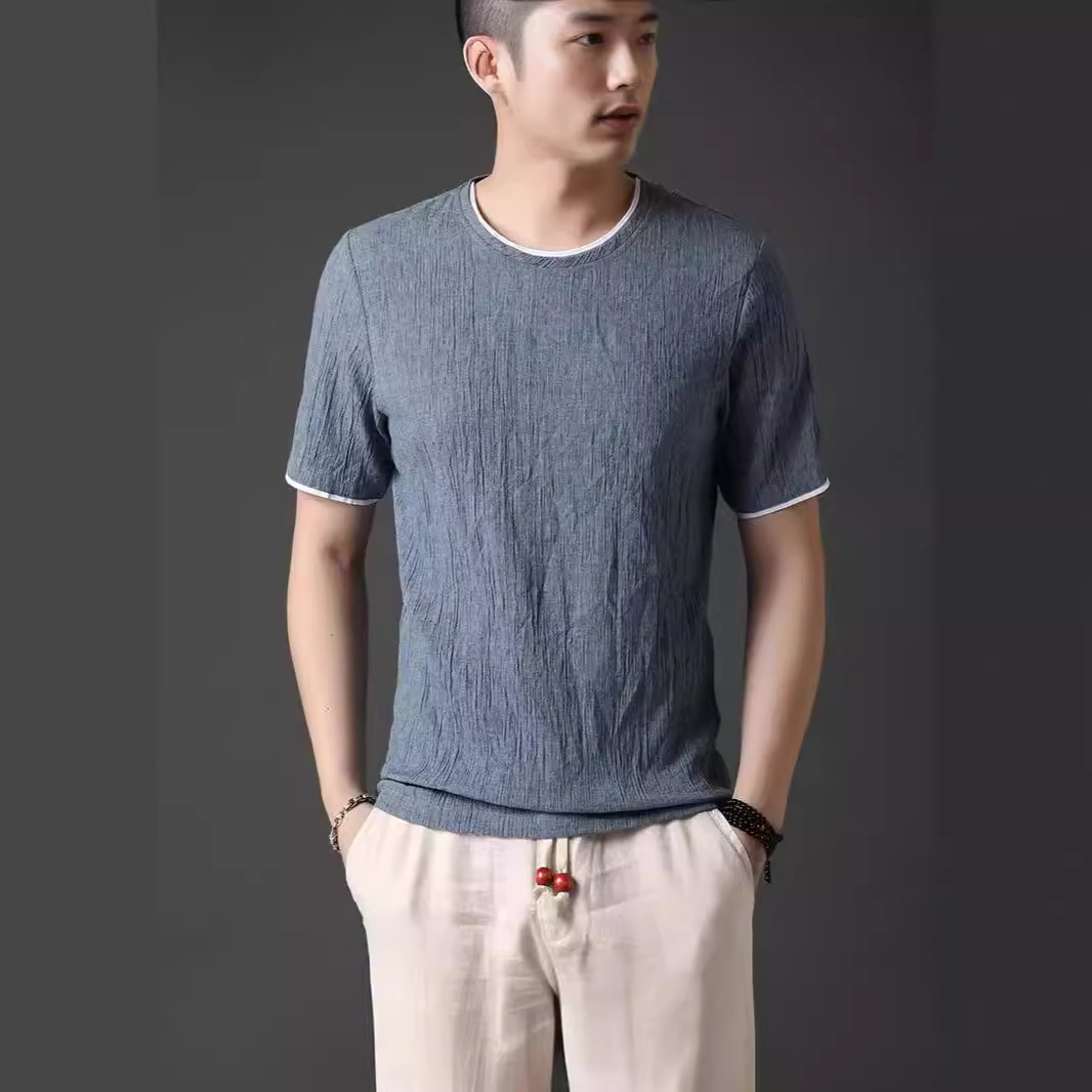 男式短袖亚麻t恤夏装青春时尚韩版圆领上衣薄款棉麻潮流男体恤衫