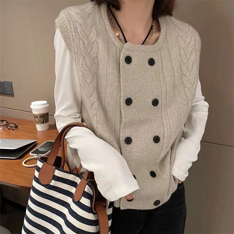 Women's Korean-Style Double-Breasted Knitted Vest 2023 Spring, Autumn and Winter New round Neck Casual Vest Women's Crop-Top Outerwear Fashion