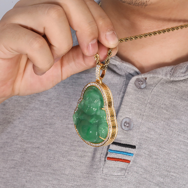 客户定制玉佛金边框吊坠 金边镶嵌莫桑石 加工定制