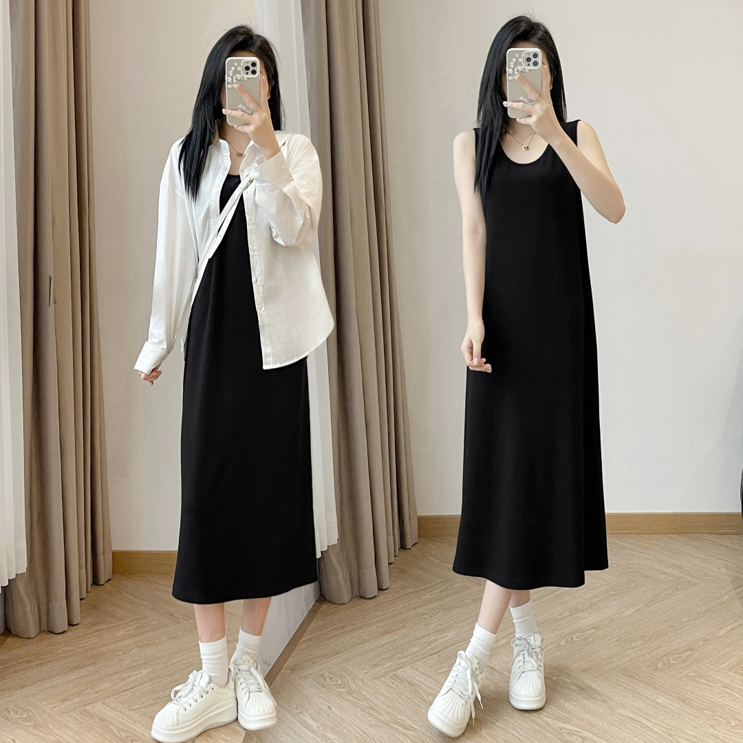 春夏新款白色防晒衬衫搭配黑色吊带长裙宽松中长款背心连衣裙套装