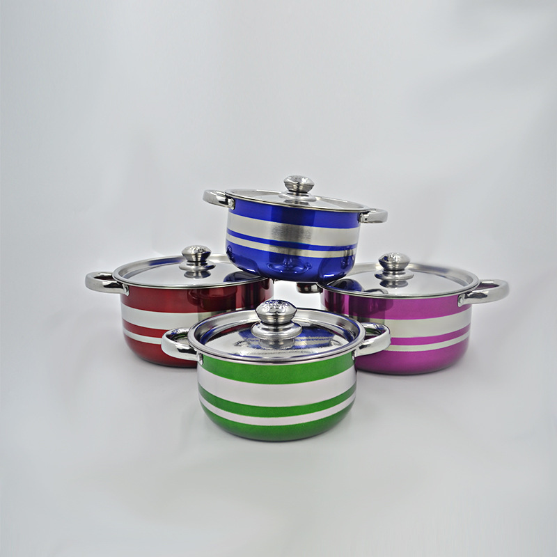 跨境出口不锈钢钢盖汤锅 四件套20-26cm美式彩色炫彩高锅汤锅套装