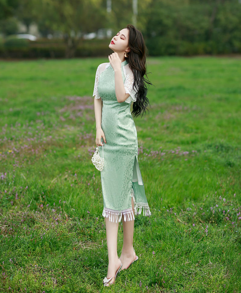 2022年春夏新款绿色雪纺旗袍年轻款高端气质改良长款素雅少女旗袍