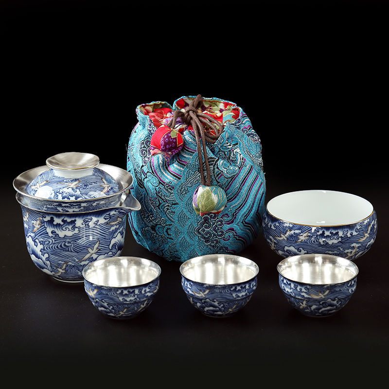 26eq999纯银茶具快客杯 一壶三杯户外旅行套装便携包整套鎏银茶壶