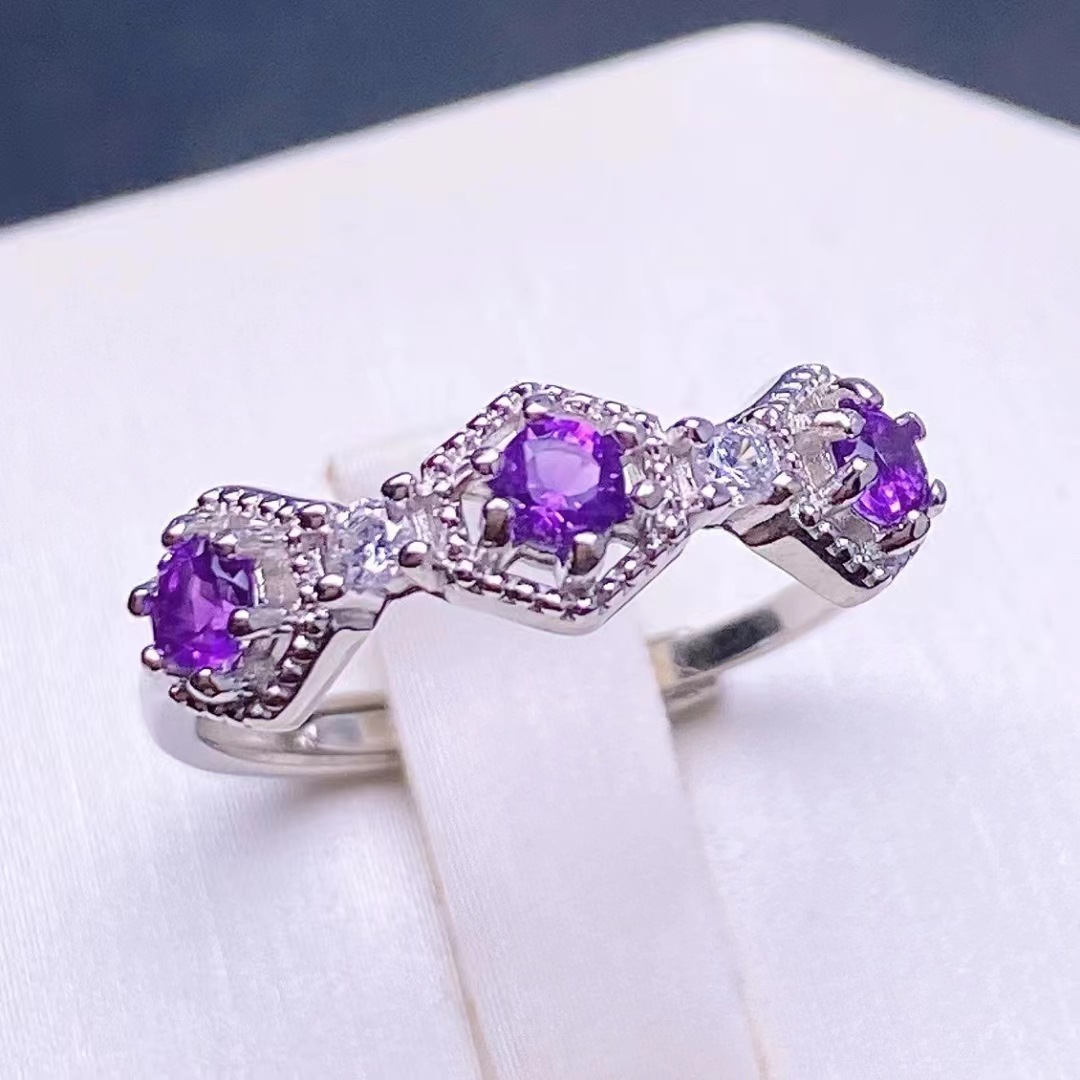 紫水晶戒指s925纯银镶嵌天然紫水晶戒指活口设计女款紫水晶戒指批
