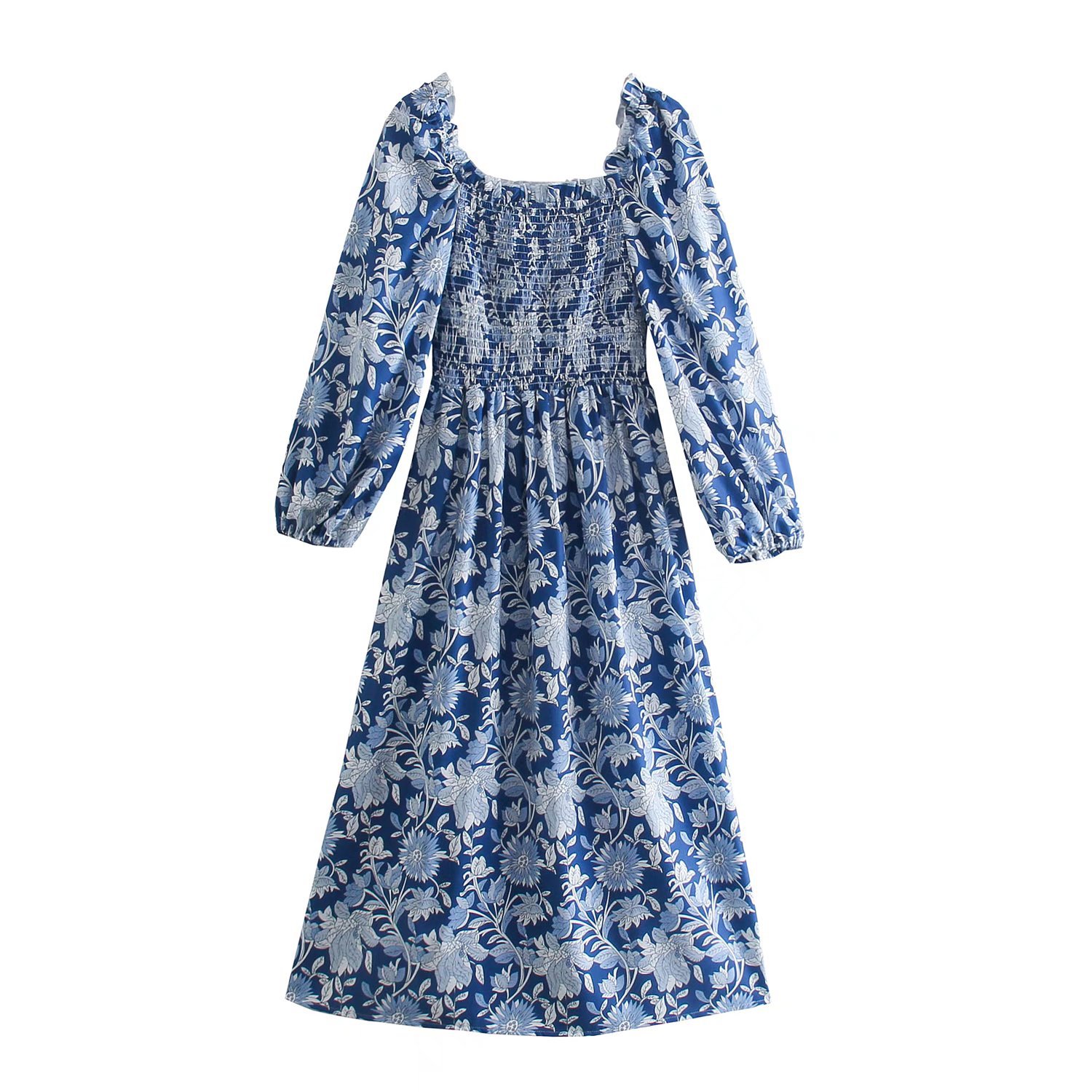 2021秋冬季新款亚马逊欧美女装批发蓝色印花圆领长袖方领连衣裙