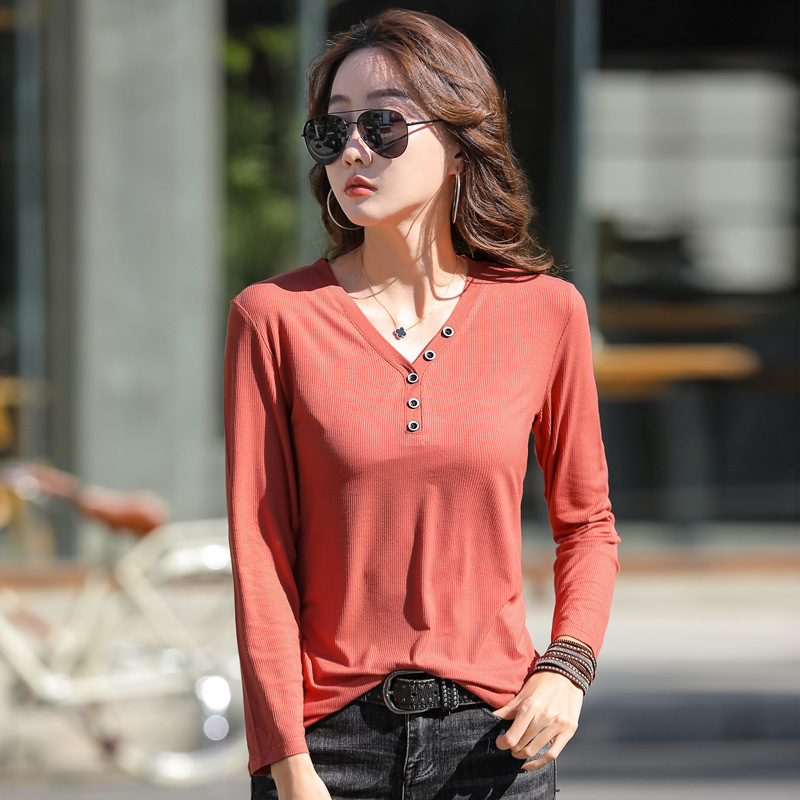 2022春季韩版女装拼接修身v领长袖t恤女式拼多多抖音货源一件代发