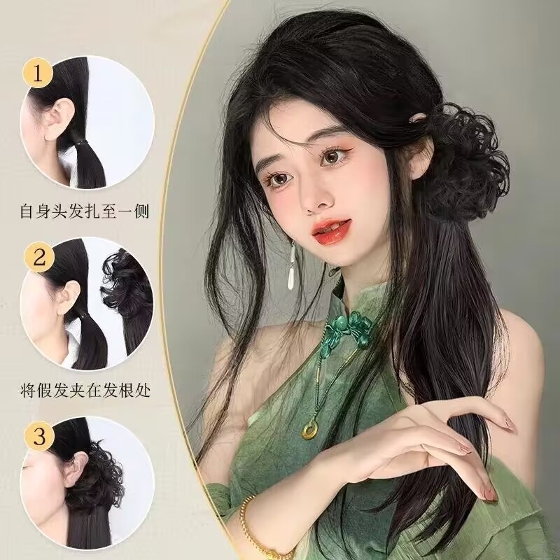 假发女马尾新中式假发抓夹一体式假发辫子可扎汉服古风旗袍低马尾