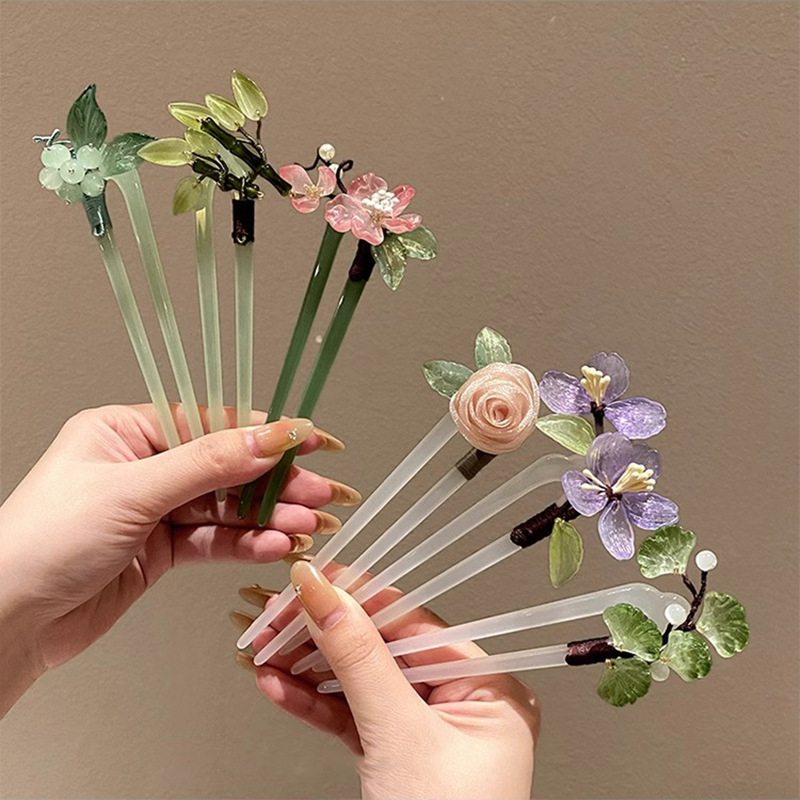 New Chinese Style Flower Leaves Bamboo Pearl Tassel Hairpin Fashion Hairpin Sweet Ancient Style Hair Accessories Wholesale for Women