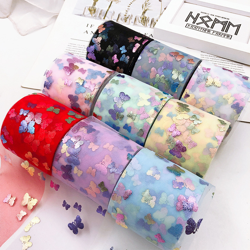 一卷25码宽6cm镭射七彩蝴蝶网纱diy蝴蝶结飘带头饰发夹材料r086