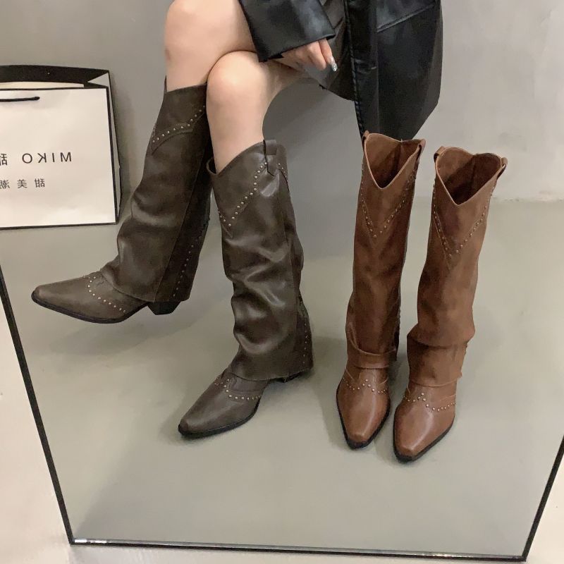 网红同款复古棕色高筒靴不过膝长筒靴法式女靴早秋英伦骑士马丁靴