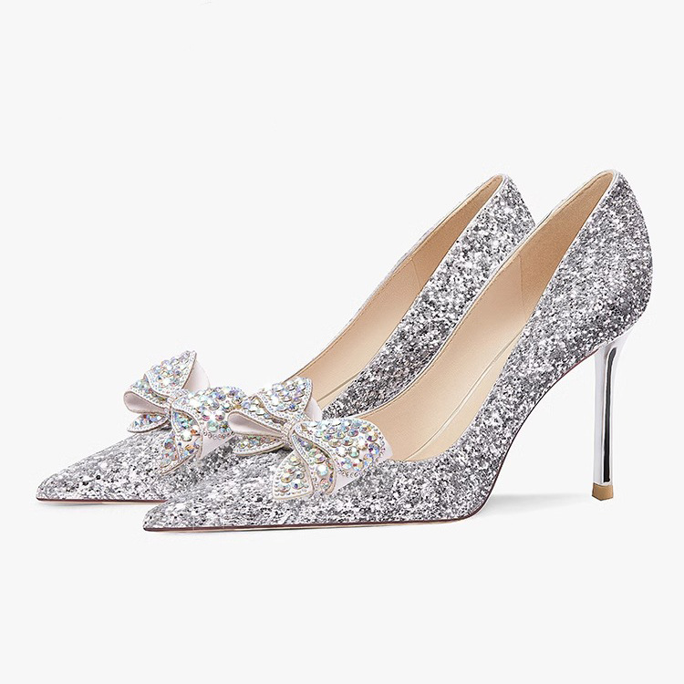 亮片蝴蝶结尖头高跟鞋女细跟2024新款新娘婚鞋宴会单鞋成人礼水晶
