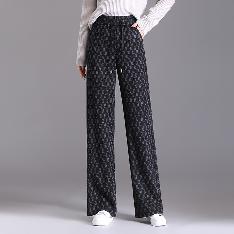 Chessboard Plaid Wide-Leg Pants for Women Autumn and Winter 2023 New High Waist Drooping Small Casual Mopping Plaid Woolen Pants