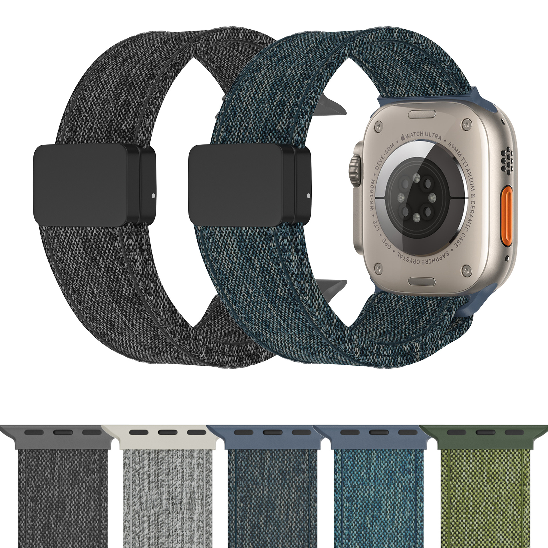 新款适用苹果布纹加高头粒iwatch表带可调节款磁吸折叠扣苹果手表