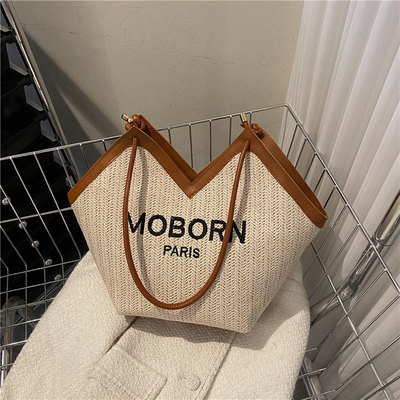 Straw Woven Bag Women's Bag 2022 Autumn New Fashion Letters Large Capacity Totes Sweet Leisure Shoulder Bag