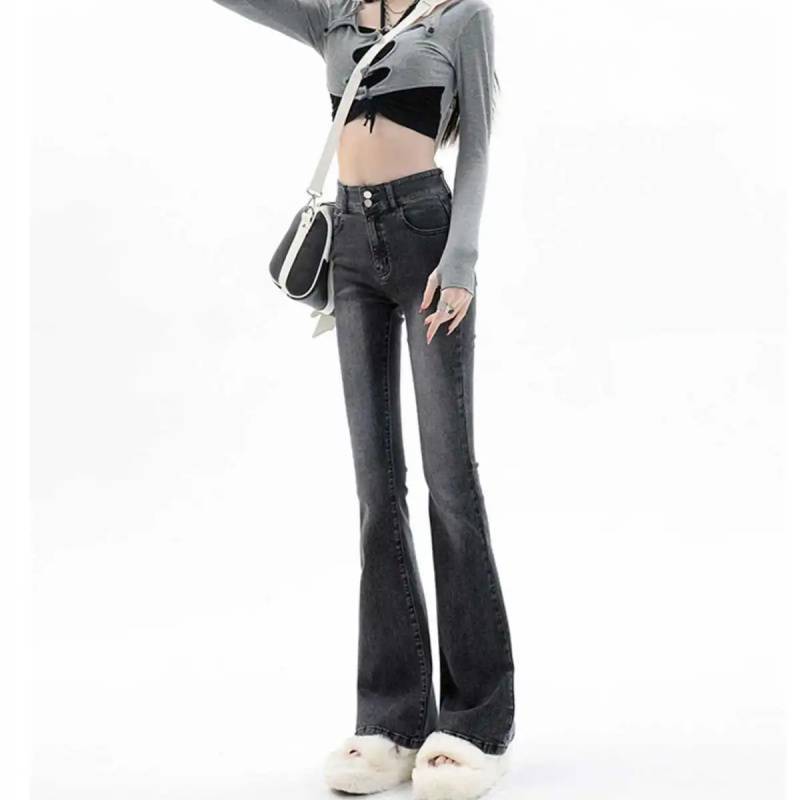 Retro Skinny Jeans Women's Hot Girl Spring and Autumn Double Buckle High Waist Slim Fit Straight Wide Leg Horseshoe Horn Long Pants