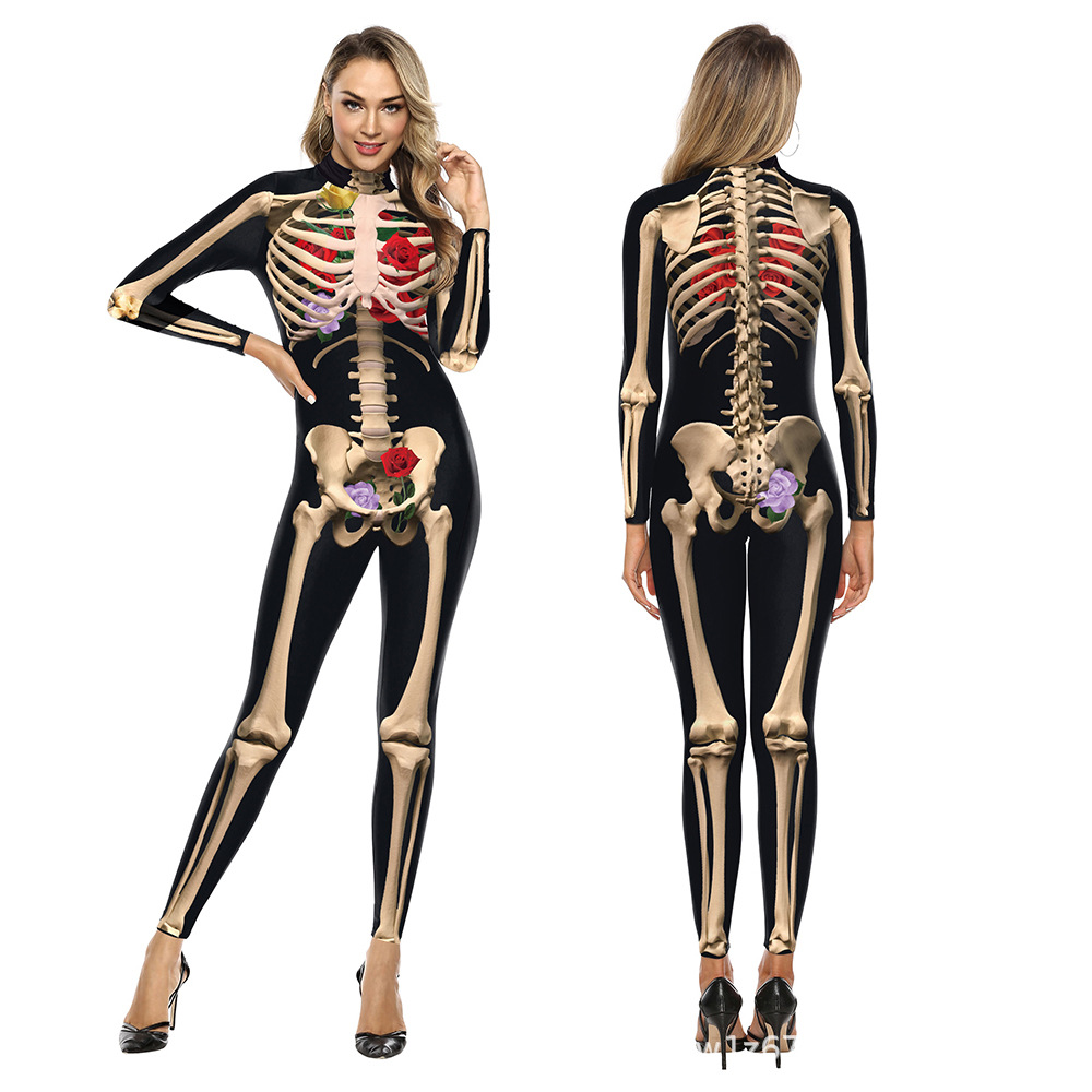 跨境热销万圣节骷髅3d数码印花连体裤女修身连衣裤wb142-008