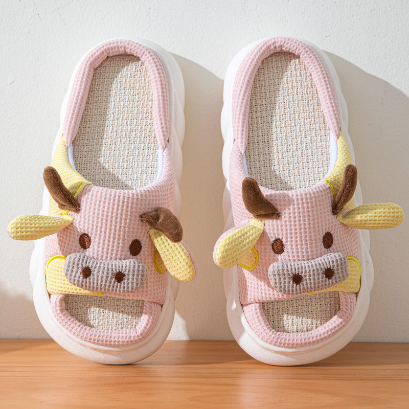 Boys and Girls All-Season Cute Cow Home Linen Slippers Men and Women Couple Indoor Home Non-Slip Platform Sandals