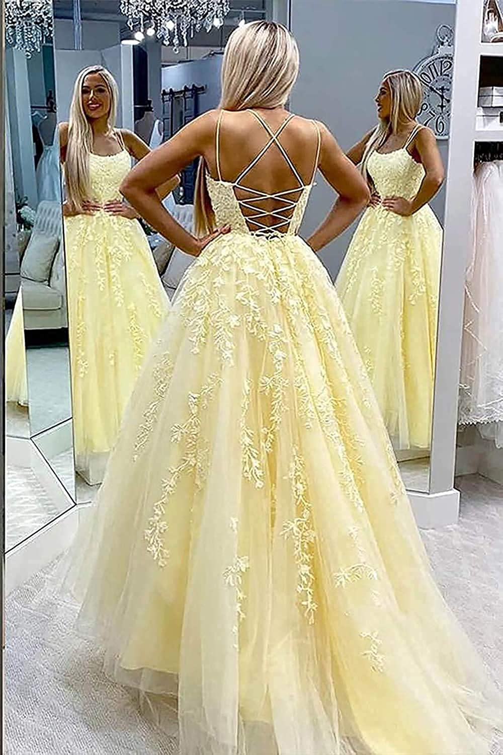 亚马逊外贸细肩带舞会晚礼服裙长款薄纱蕾丝贴花女式派对舞会礼服