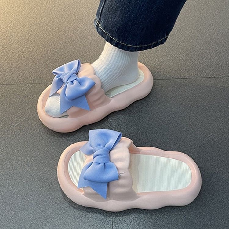 Summer New Fashion Cute Wild Bow Slippers Female Student Dormitory Thick Bottom Popular Flip Flops