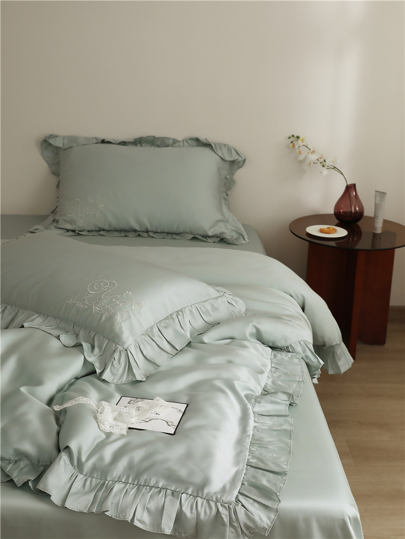 法式纯色凉感60支莱赛尔纤维四件套韩式刺绣荷叶花边丝滑被套床品