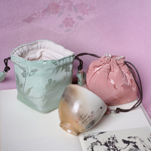 a36色日系茶具配件陶瓷杯绒布厚束口袋亚棉麻收纳包便携式收纳袋