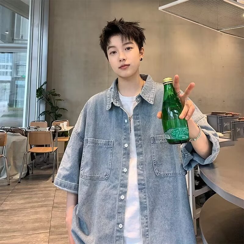 港风日系牛仔衬衫男短袖夏季穿搭痞帅衬衣夏季外套潮牌设计感小众