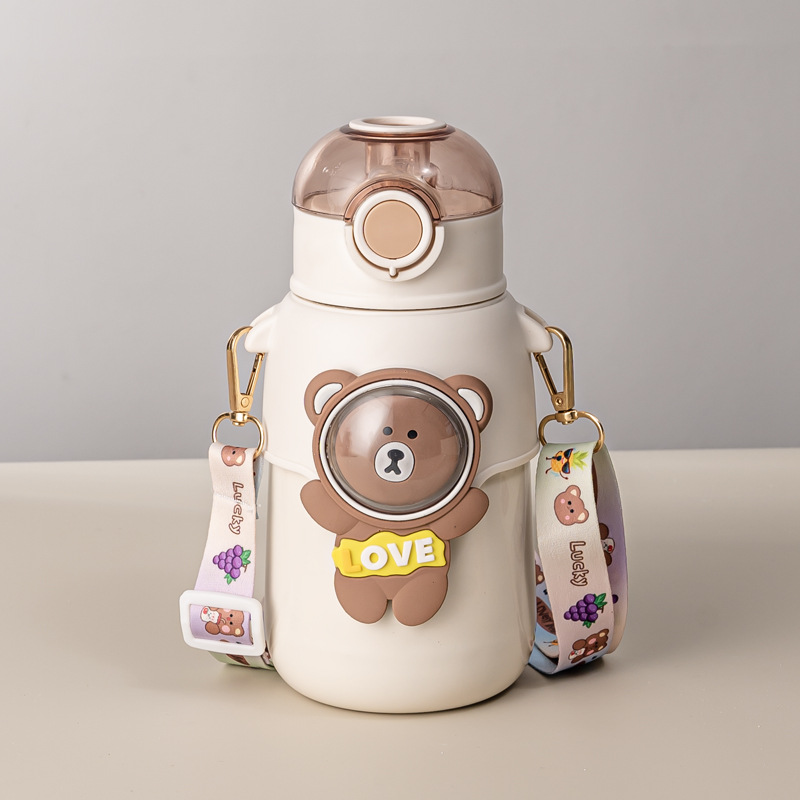 New 316 Stainless Steel Children's Thermos Cup Cute Girl's High-Looking Straw Water Cup Crossbody Kettle Large Capacity