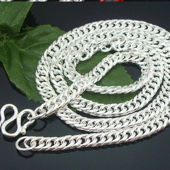 s99足银项链男潮足银马鞭链锁骨链纯99银平链粗款霸气双扣项链