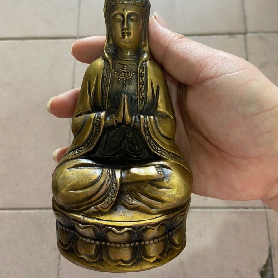 大清乾隆年制老款观音铜像传世复古包浆侍佛铜像摆件观音菩萨像