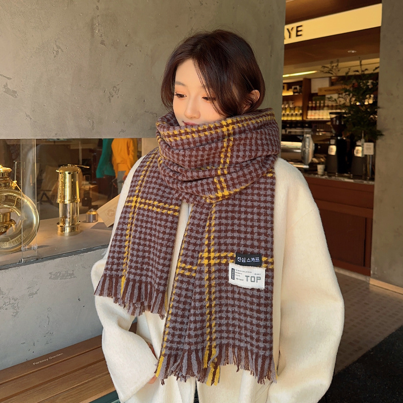 Autumn and Winter New Cashmere Knitted Plaid Scarf Women's Fashion All-Matching Talma High-Grade Warm Thick Scarf