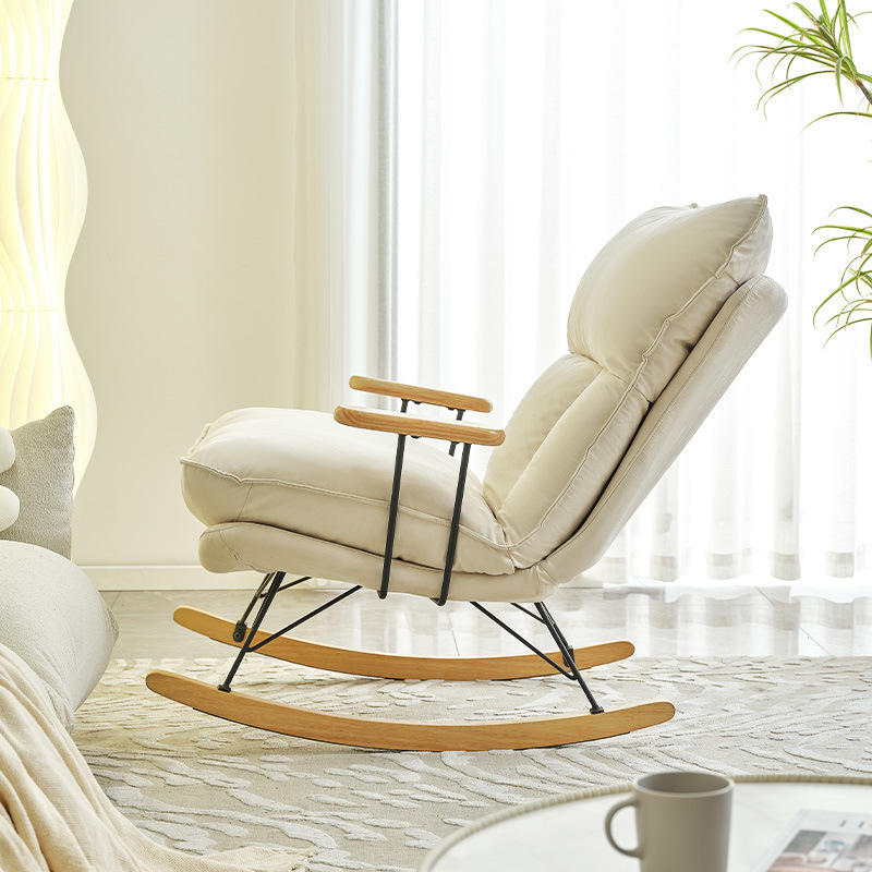 与吉实木脚摇椅阳台客厅卧室家用单人沙发椅蜗牛椅奶油风休闲家具