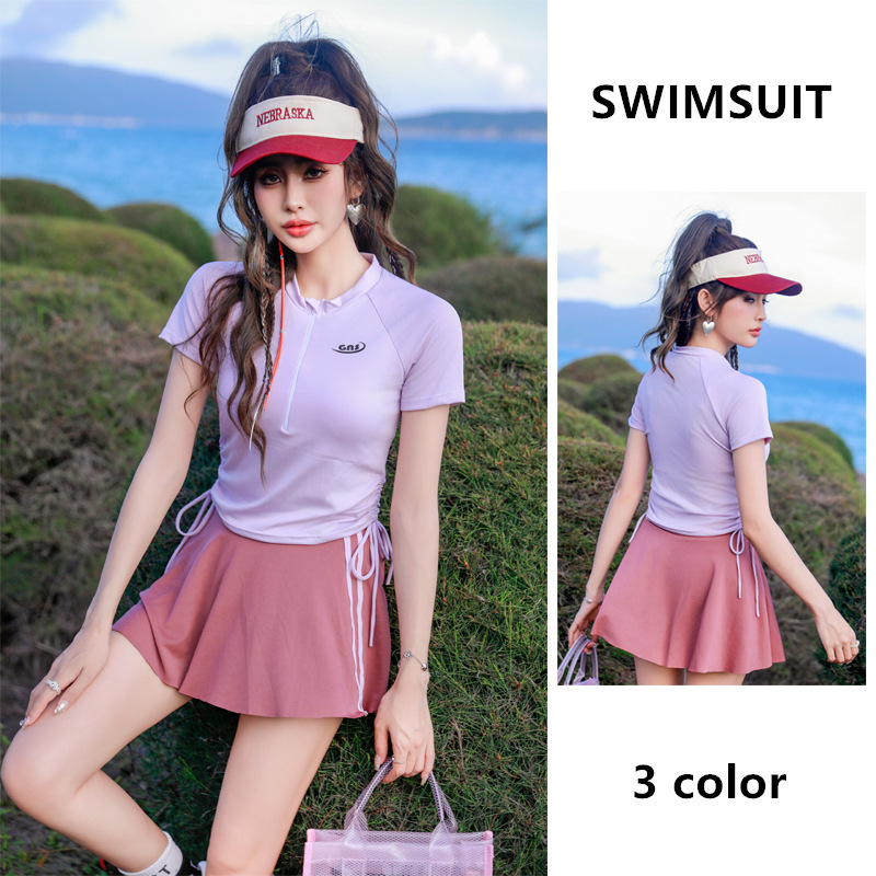 2024新款分体泳衣女保守显瘦遮肚学生运动风泡温泉度假平角游泳衣