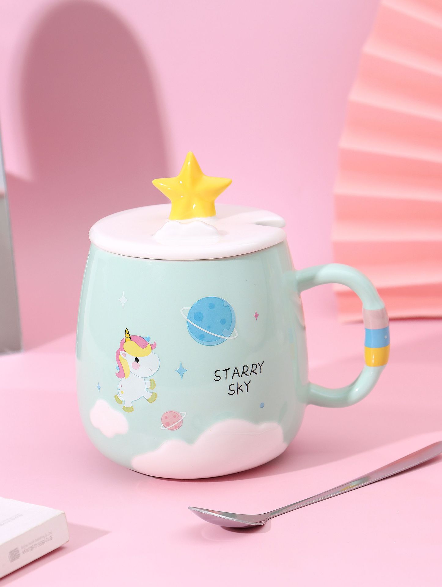 Creative Cute Girl Heart Net Red Cartoon Unicorn with Cover Spoon Ceramic Mug Souvenirs Birthday Gift