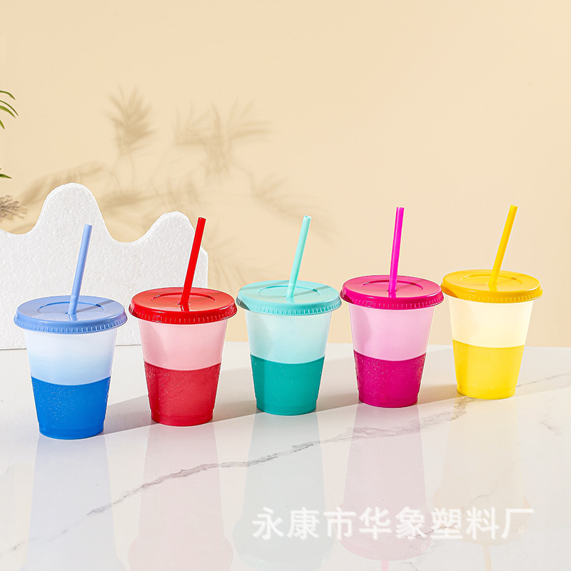 Cross-Border Hot Pp Temperature-Sensitive Plastic Color Changing Cup 16Oz Straw Cup Cold Color Changing Cycle Use Can Be Customized Logo