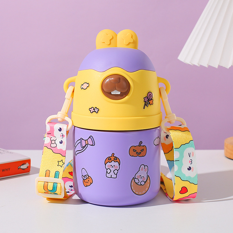 Cartoon Large Capacity 304 Stainless Steel Thermos Cup Cute Front Teeth Rabbit Children's Cups Portable with Rope Handle Cup with Straw